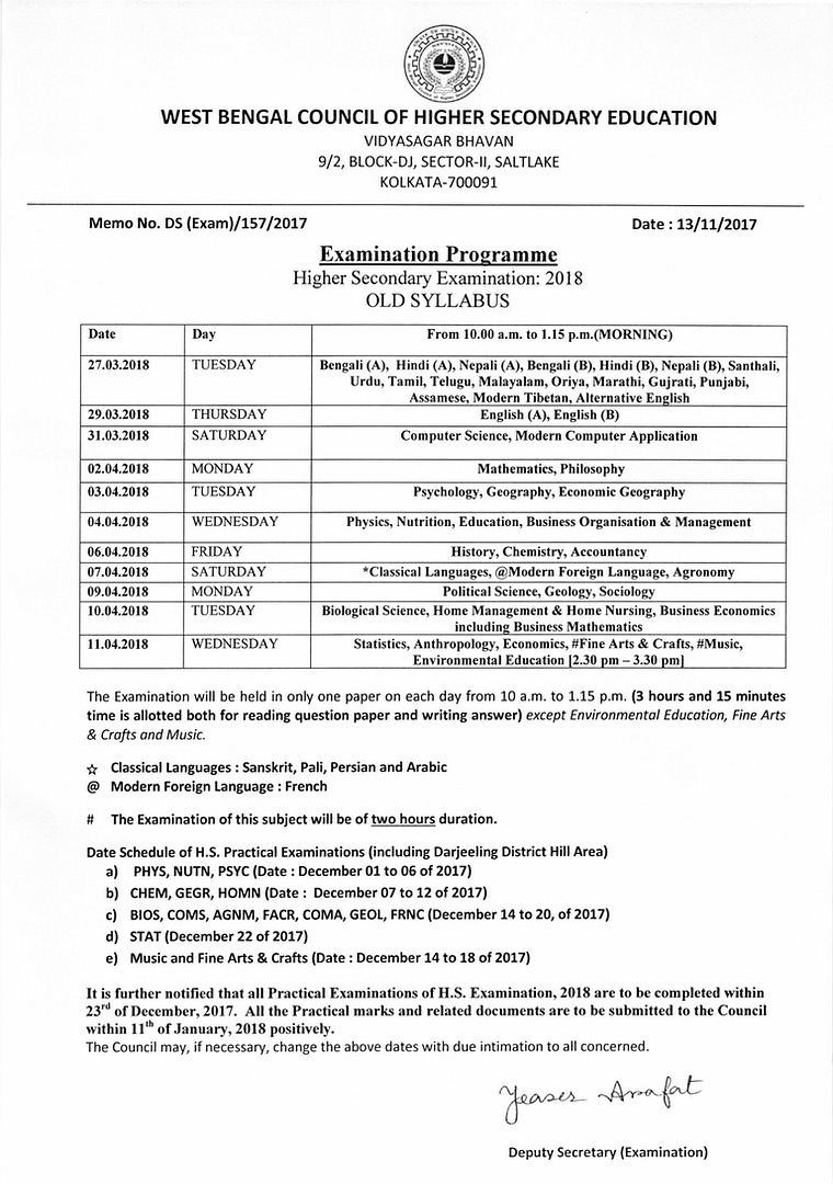 Higher Secondary Old Syllabus Routine (2018)